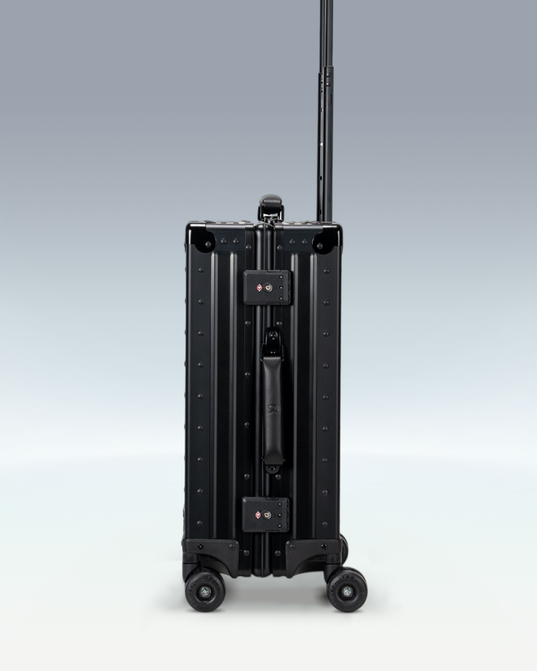 Portar Lucent aluminum carry-on luggage in Jet Black, side view showing the TSA-approved combination locks