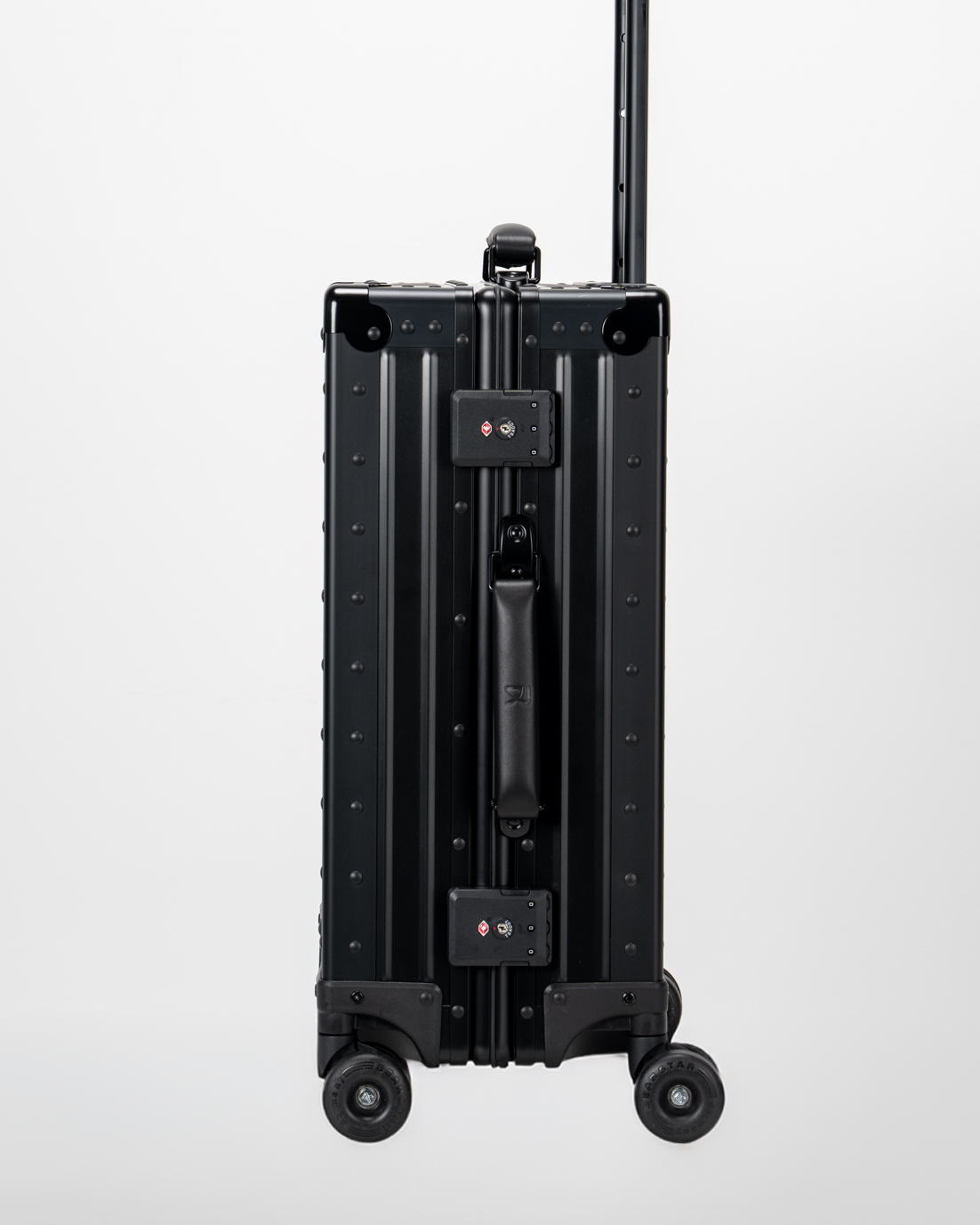 Lucent Jet Black Aluminum Carry-On Suitcase Lock View by Portar