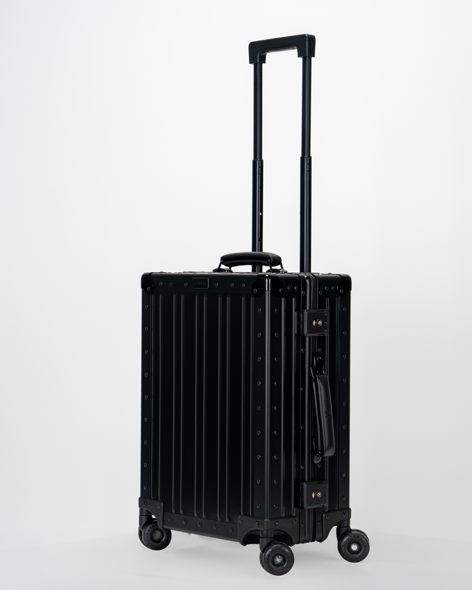 Lucent Jet Black Aluminum Carry-On Suitcase Perspective with Handle View by Portar