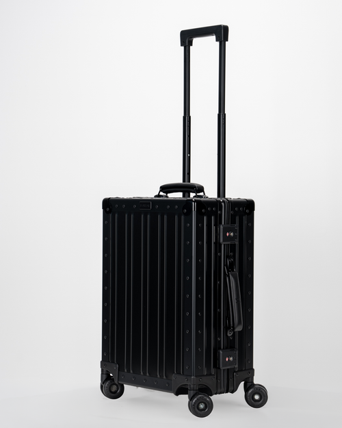 Lucent Jet Black Aluminum Carry-On Suitcase Perspective with Handle View by Portar