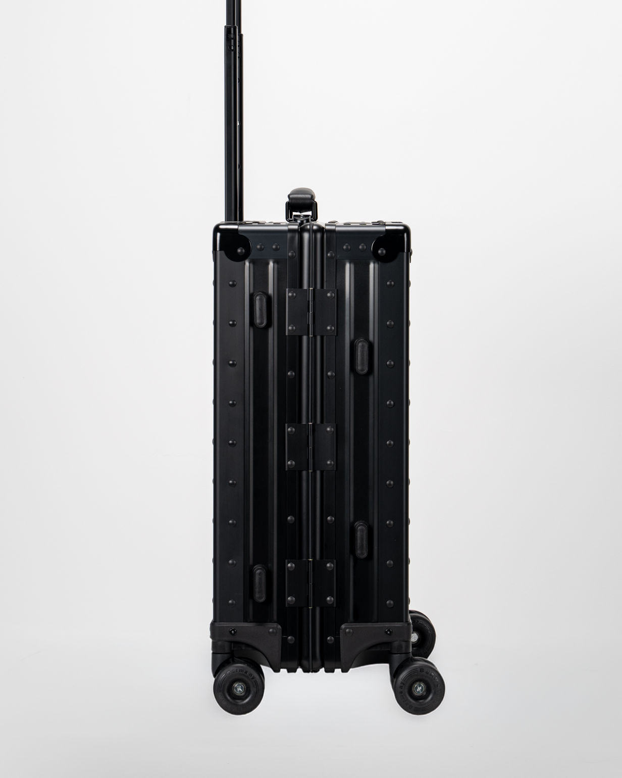 Lucent Jet Black Aluminum Carry-On Suitcase Side View by Portar