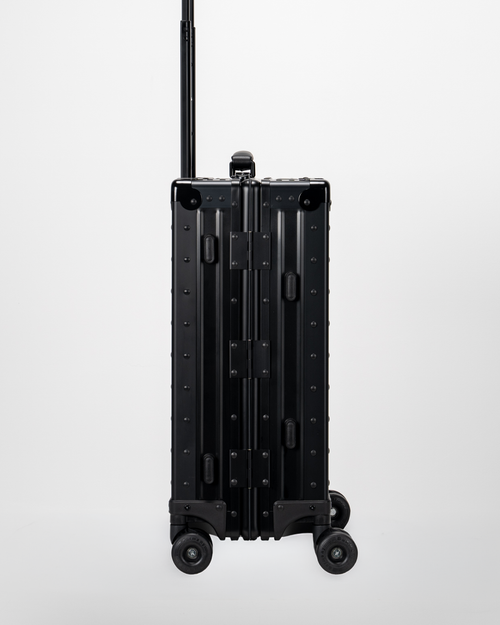 Lucent Jet Black Aluminum Carry-On Suitcase Side View by Portar