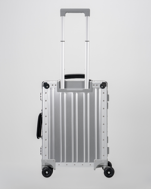 Lucent Lunar Silver Aluminum Carry-On Suitcase Back with Handle View by Portar
