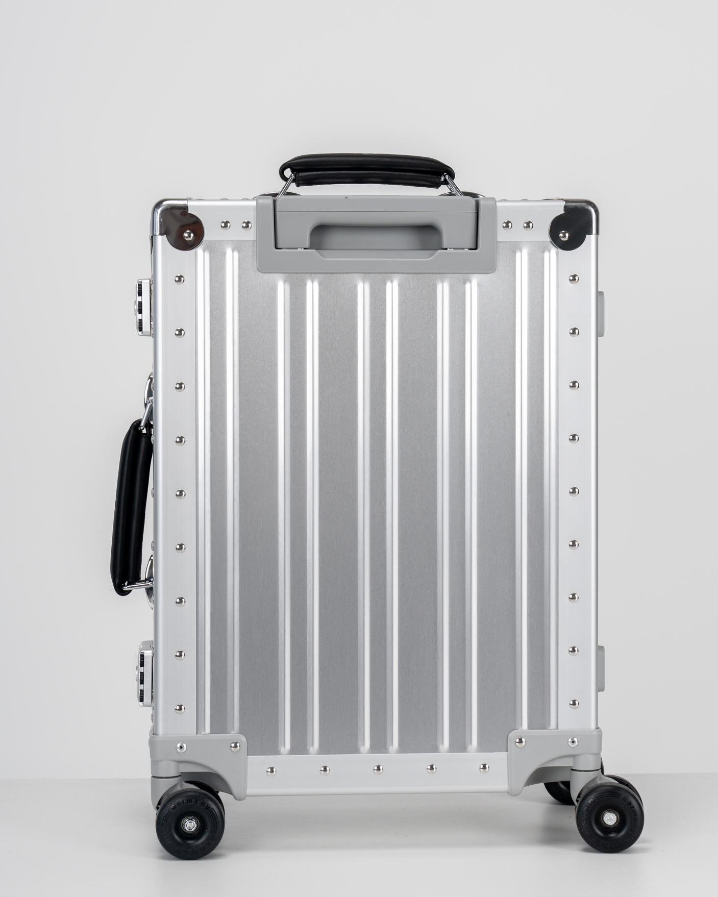 Lucent Lunar Silver Aluminum Carry-On Suitcase Back View by Portar