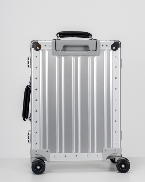 Lucent Lunar Silver Aluminum Carry-On Suitcase Back View by Portar