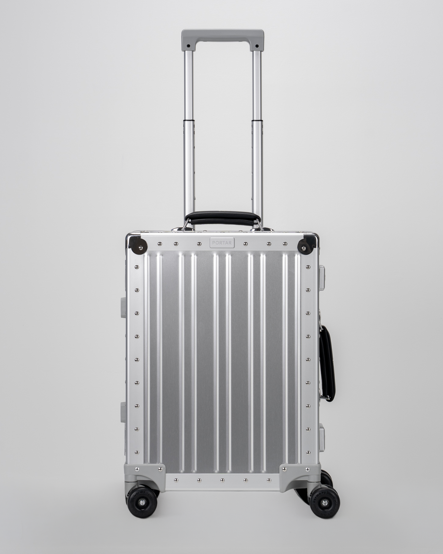 Lucent Lunar Silver Aluminum Carry-On Suitcase Front with Handle View by Portar