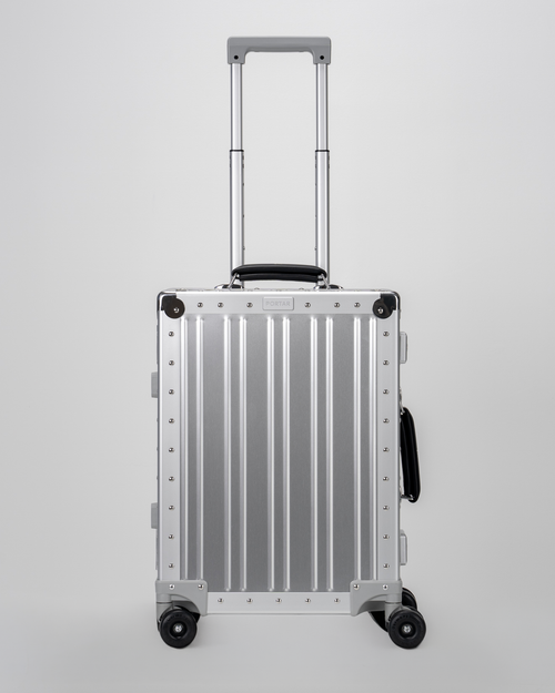 Lucent Lunar Silver Aluminum Carry-On Suitcase Front with Handle View by Portar