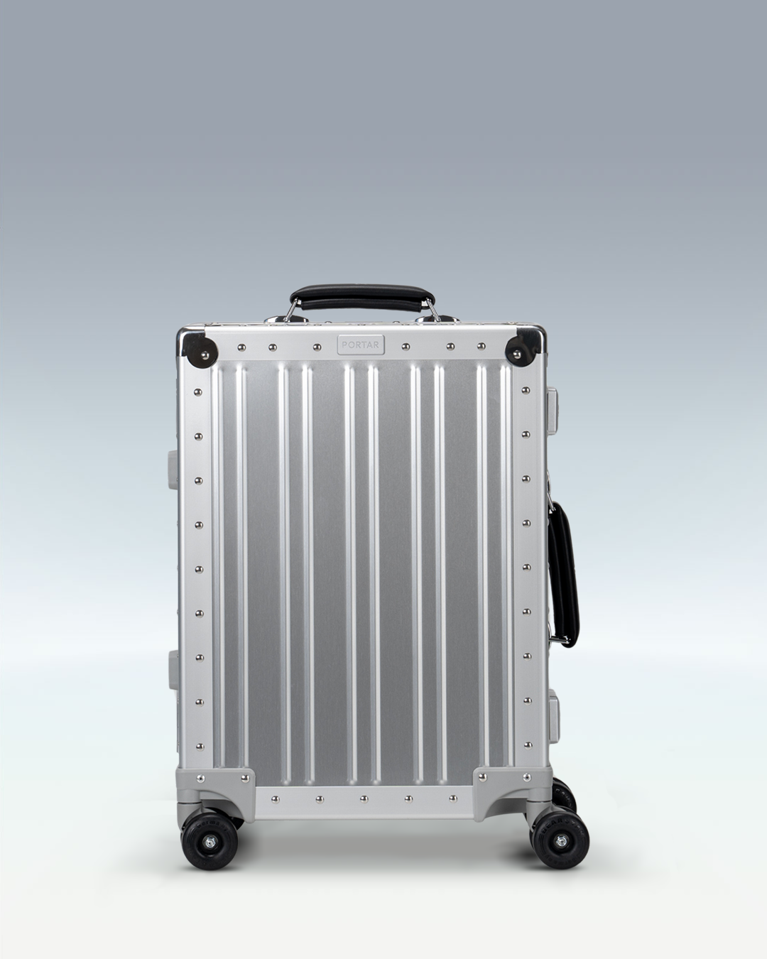 Portar Lucent aluminum carry-on luggage in Lunar Silver, front view