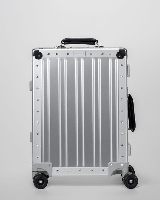 Lucent Lunar Silver Aluminum Carry-On Suitcase Front View by Portar
