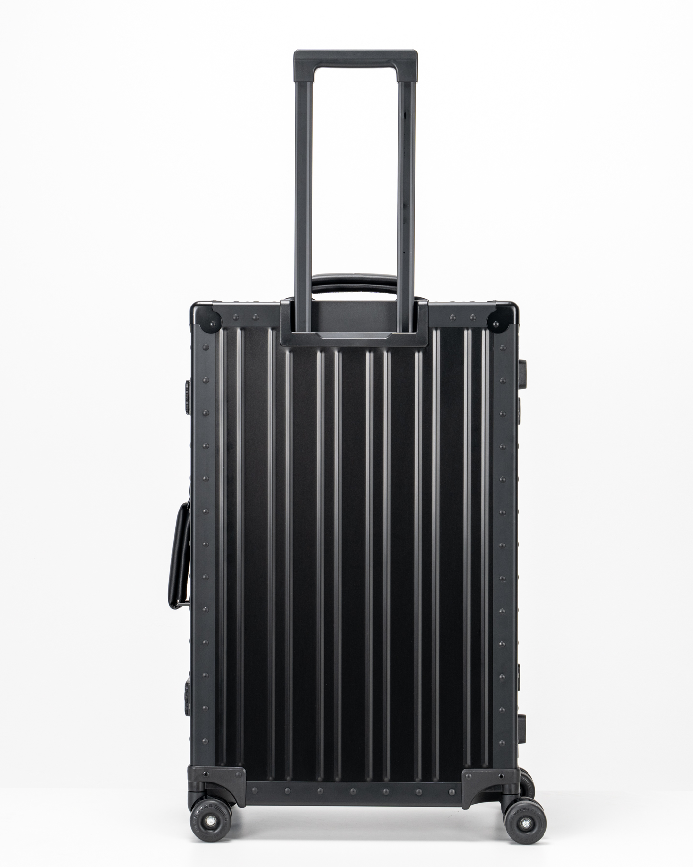 Lucent Jet Black Aluminum Check-In Suitcase Back with Handle View by Portar
