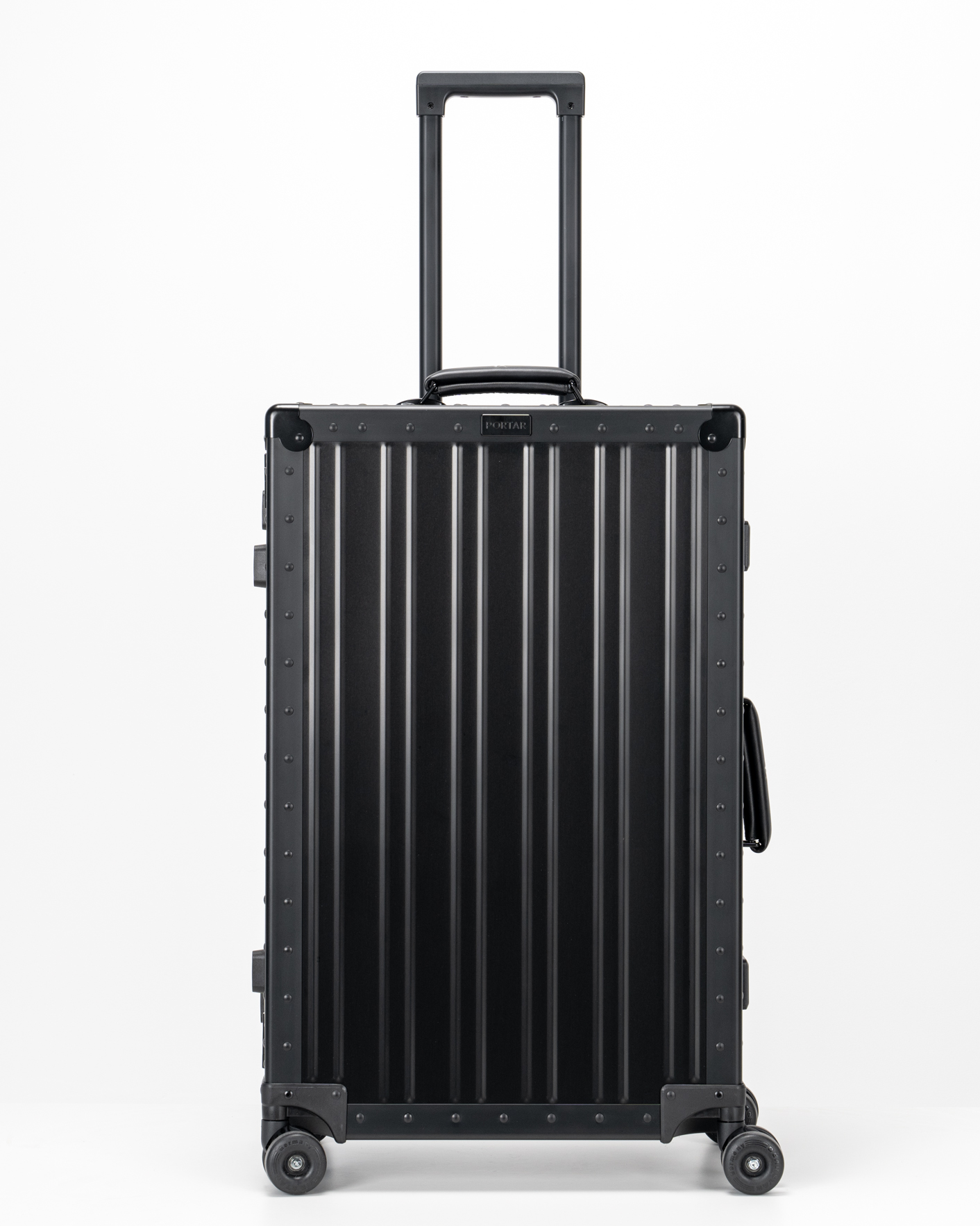 Lucent Jet Black Aluminum Check-In Suitcase Front with Handle View by Portar