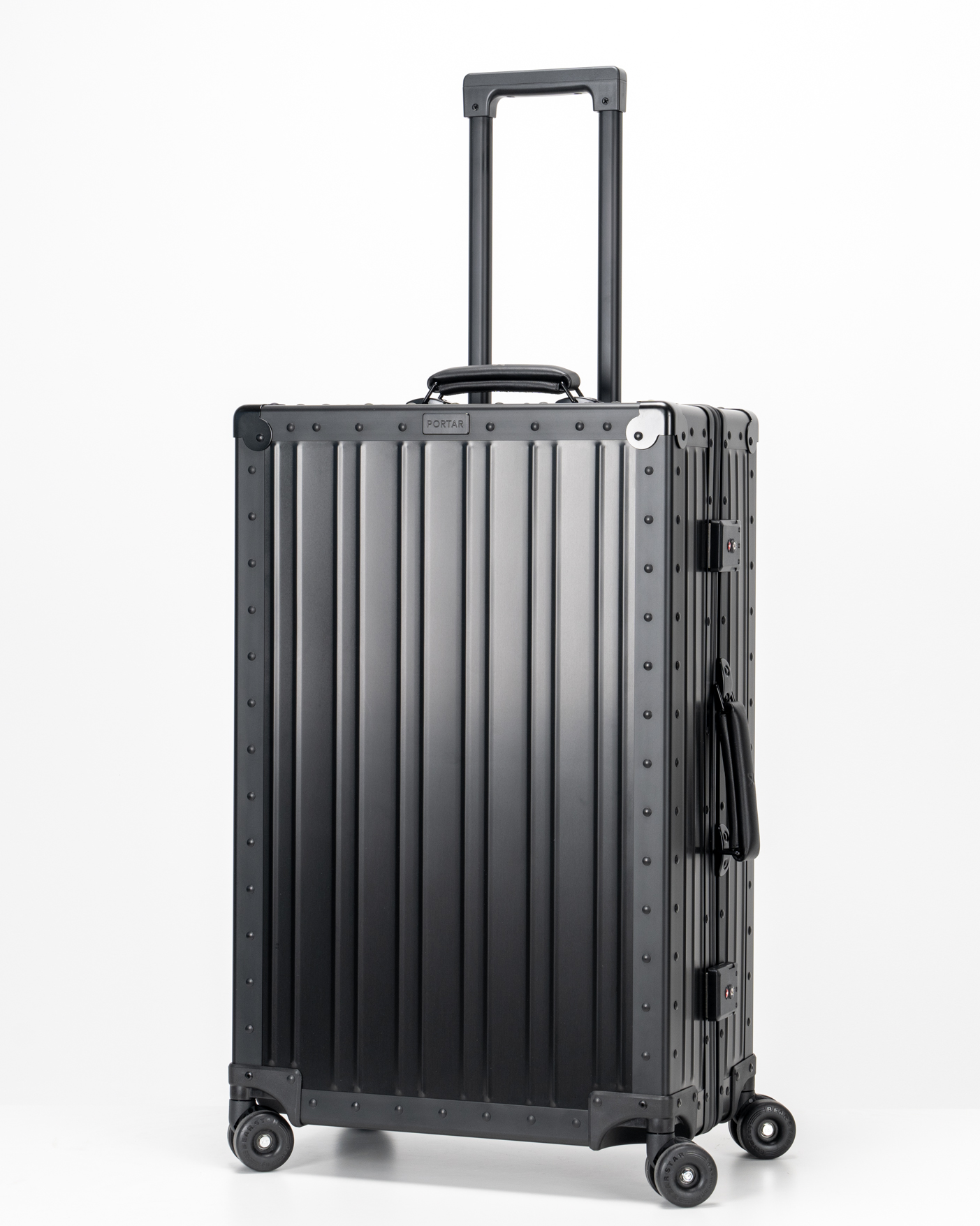 Lucent Jet Black Aluminum Check-In Suitcase Perspective with Handle View by Portar