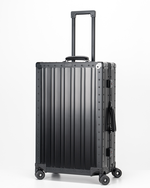 Lucent Jet Black Aluminum Check-In Suitcase Perspective with Handle View by Portar