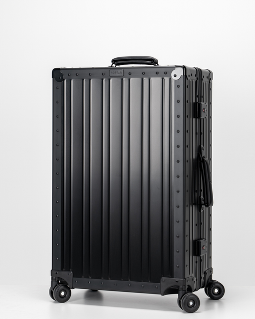 Lucent Jet Black Aluminum Check-In Suitcase Perspective View by Portar