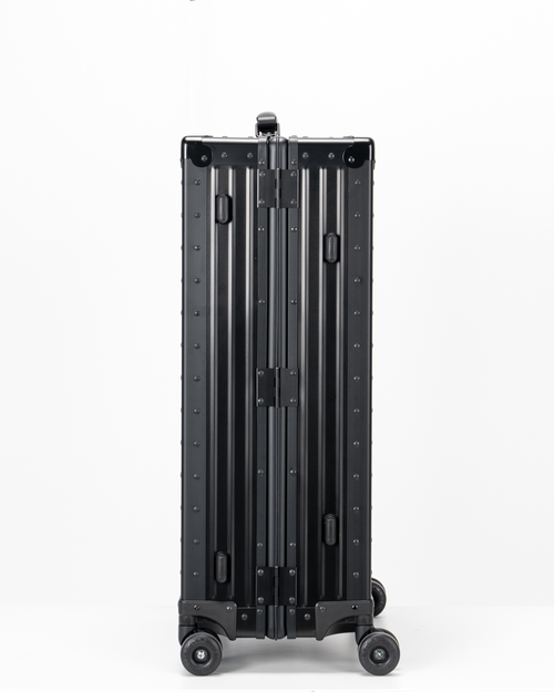 Lucent Jet Black Aluminum Check-In Suitcase Side View by Portar