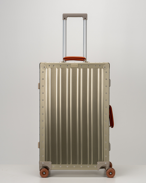 Lucent Champagne Gold Aluminum Check-In Suitcase Front with Handle View by Portar