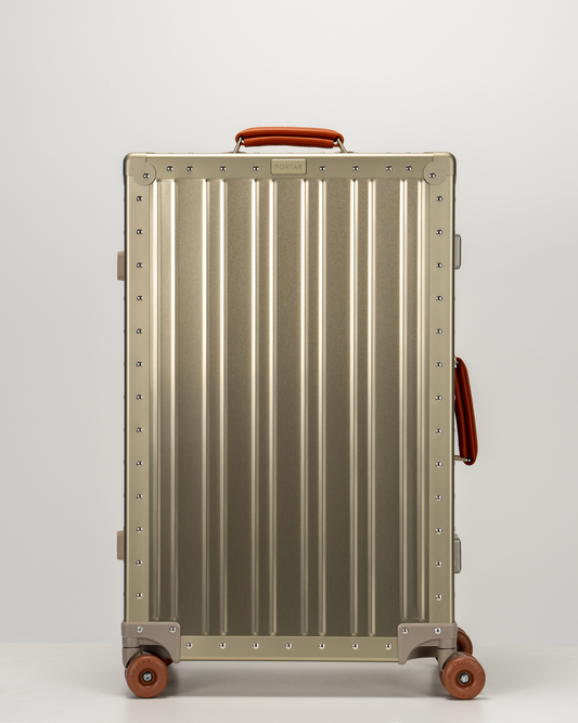 Lucent Champagne Gold Aluminum Check-In Suitcase Front View by Portar