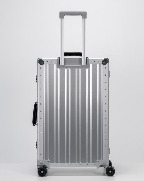 Lucent Lunar Silver Aluminum Check-In Suitcase Back with Handle View by Portar