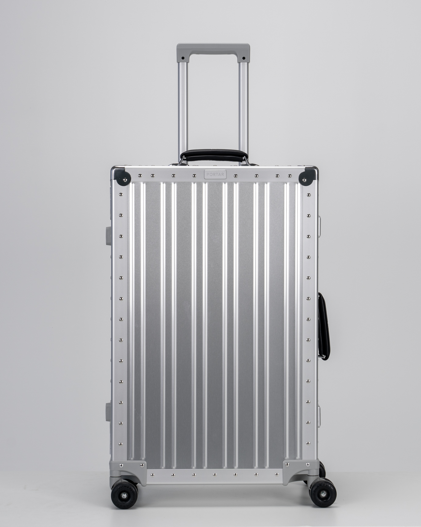 Lucent Lunar Silver Aluminum Check-In Suitcase Front with Handle View by Portar