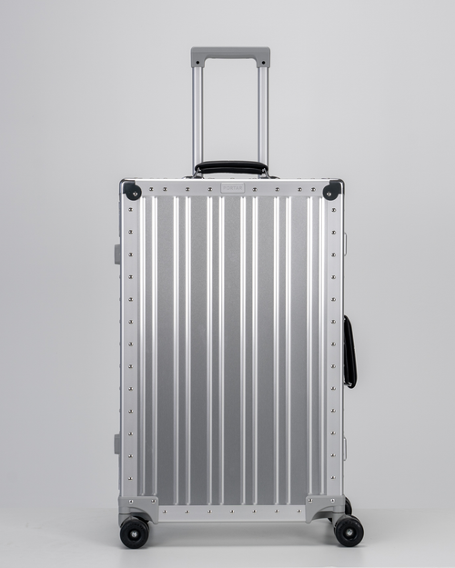 Lucent Lunar Silver Aluminum Check-In Suitcase Front with Handle View by Portar