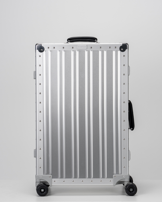 Lucent Lunar Silver Aluminum Check-In Suitcase Front View by Portar