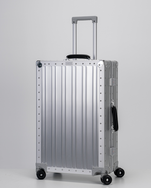 Lucent Lunar Silver Aluminum Check-In Suitcase Front with Handle View by Portar