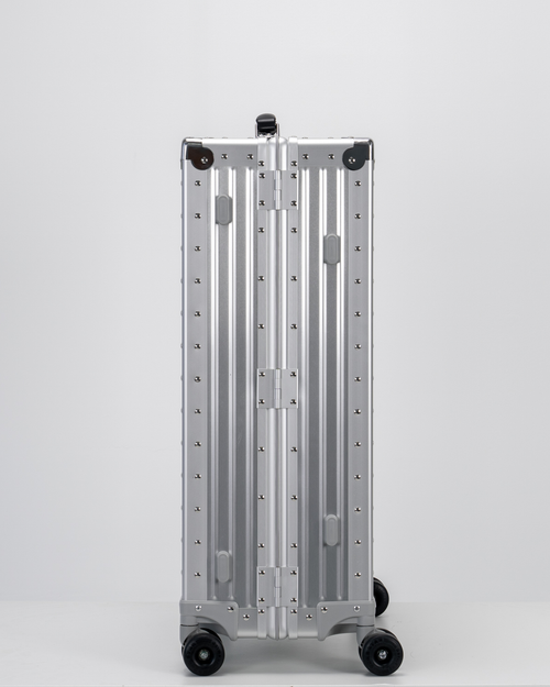 Lucent Lunar Silver Aluminum Check-In Suitcase Side View by Portar