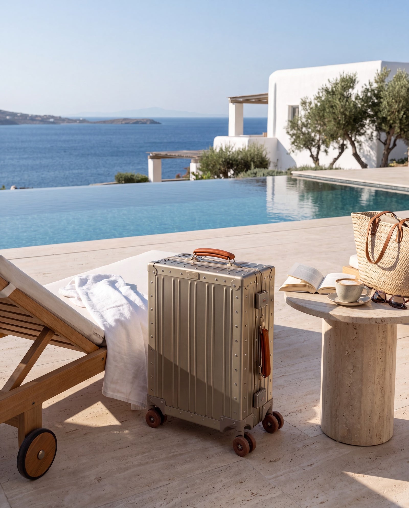 A Portar Aluminum carry-on suitcase in a Gold stands on a sunlit patio beside a pool, with a lounge chair, table, woven bag, and ocean view in the background.