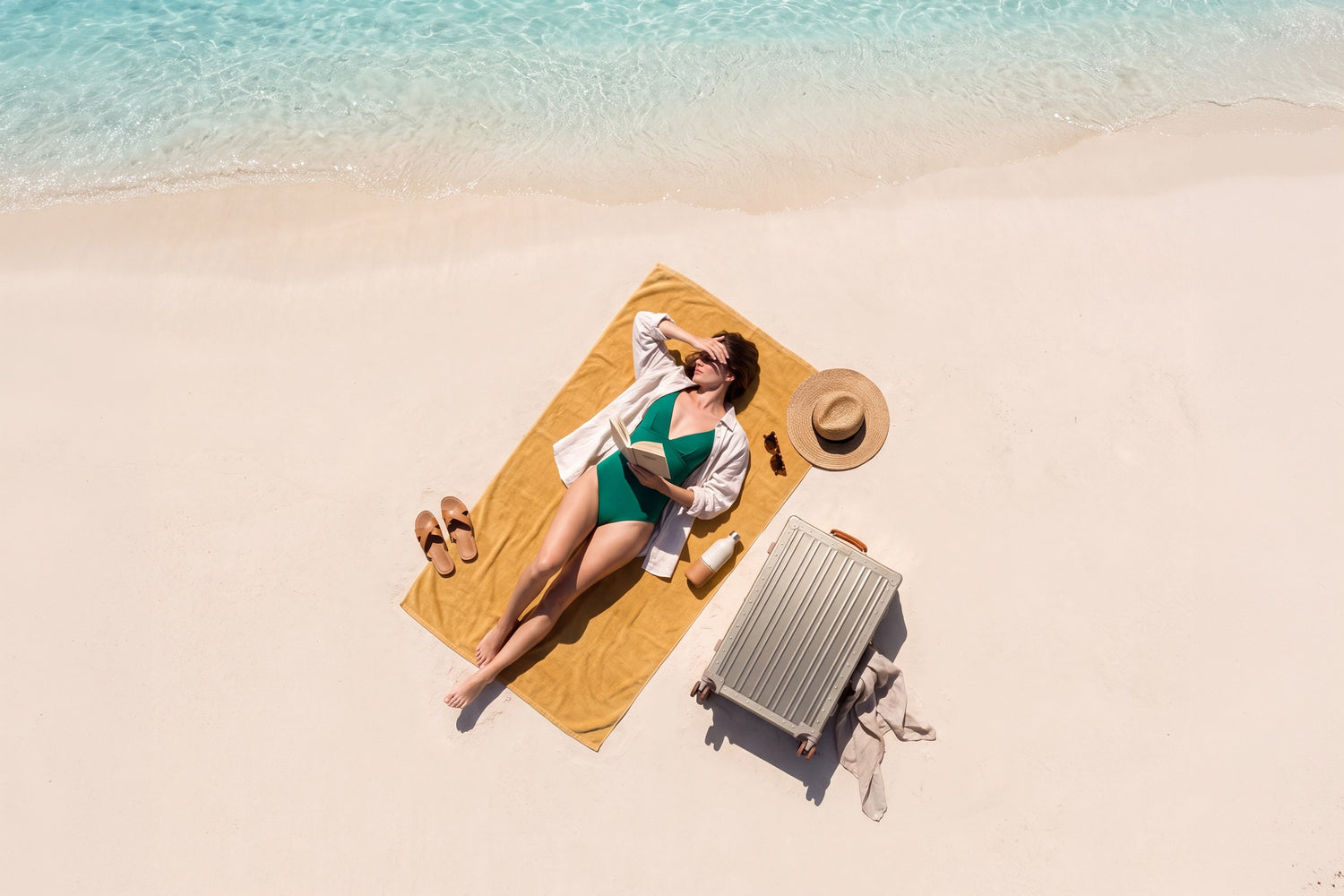 A woman relaxes on a yellow beach towel on a sandy beach, wearing a green swimsuit and white cover-up. A Portar Aluminum Gold suitcase, a straw hat, and sandals are placed beside her, with turquoise ocean water in the background.