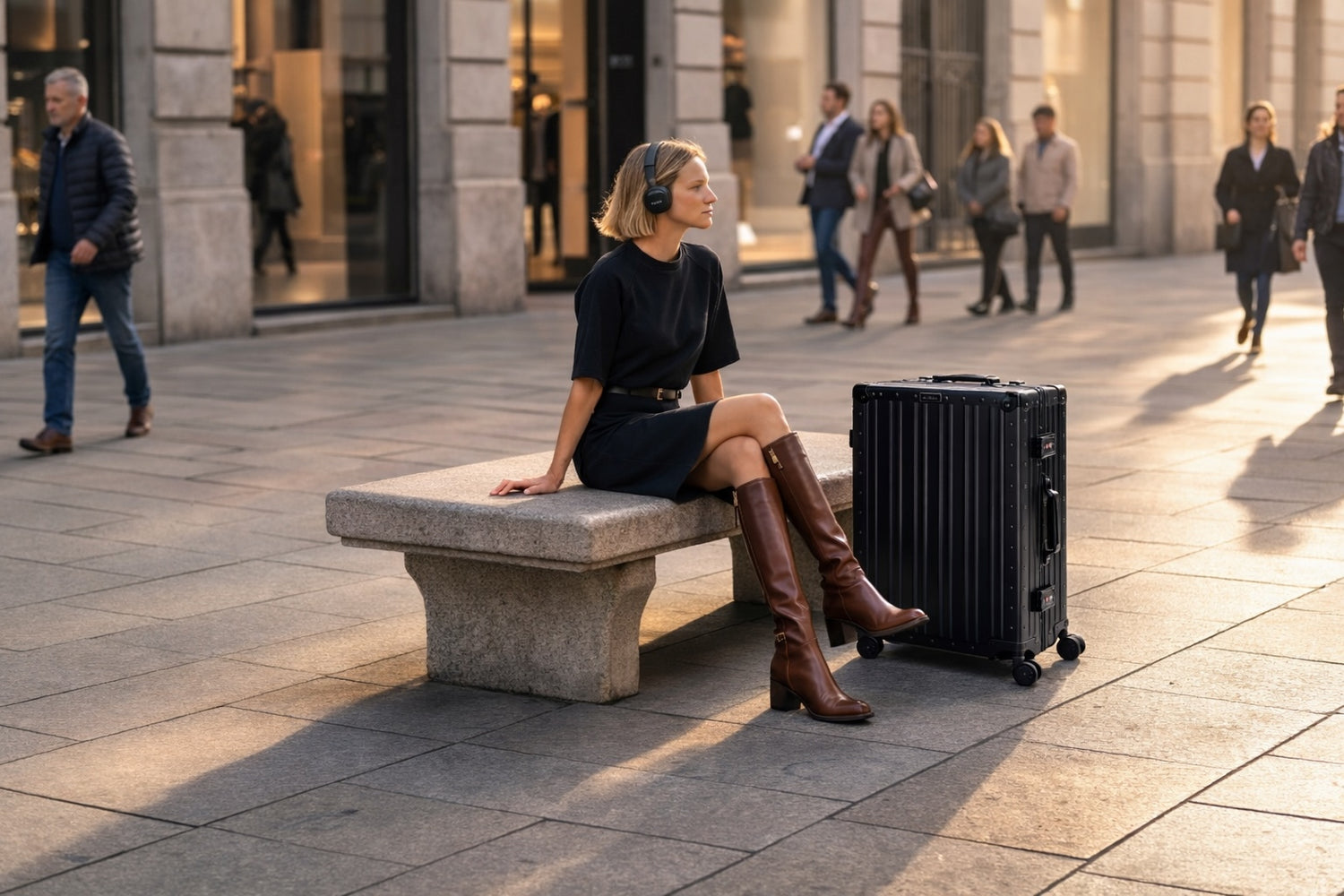 Woman sitting on a bench with a lucent black aluminum suitcase next to her in an urban setting