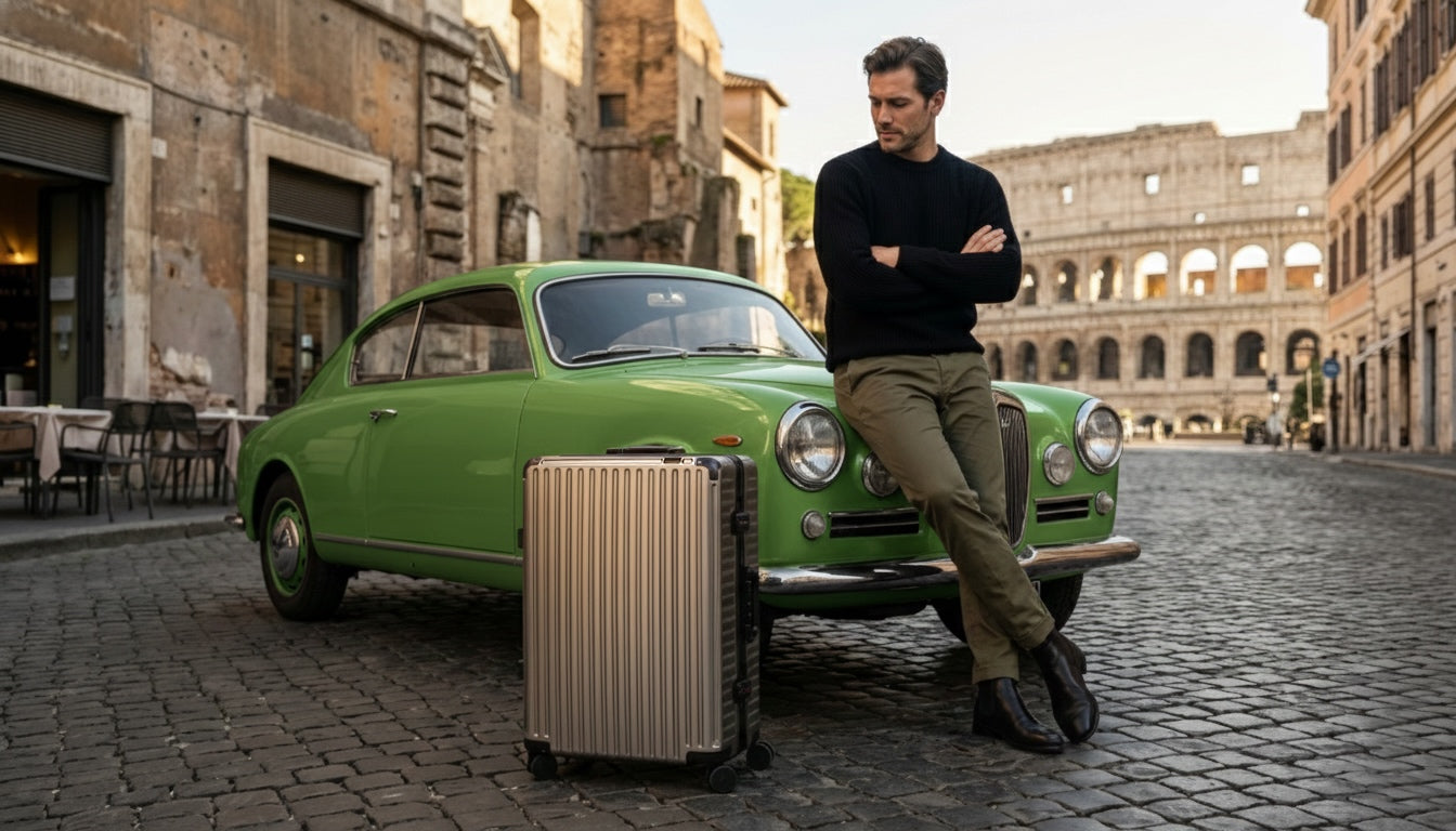 Man standing next to a vintage green car with a valence aluminum edgeframe suitcase on a cobblestone street in front of the Colosseum.