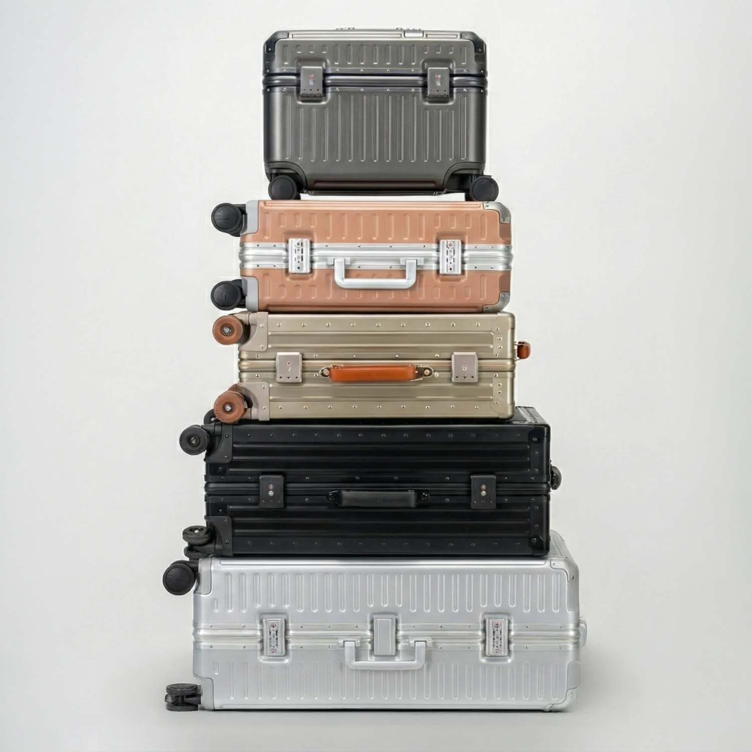 Stack of various suitcases on a light gray background