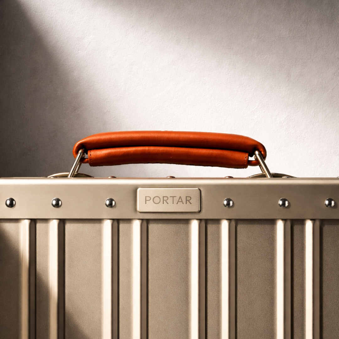 Beige suitcase with brown handle and 'Portar' branding on a neutral background