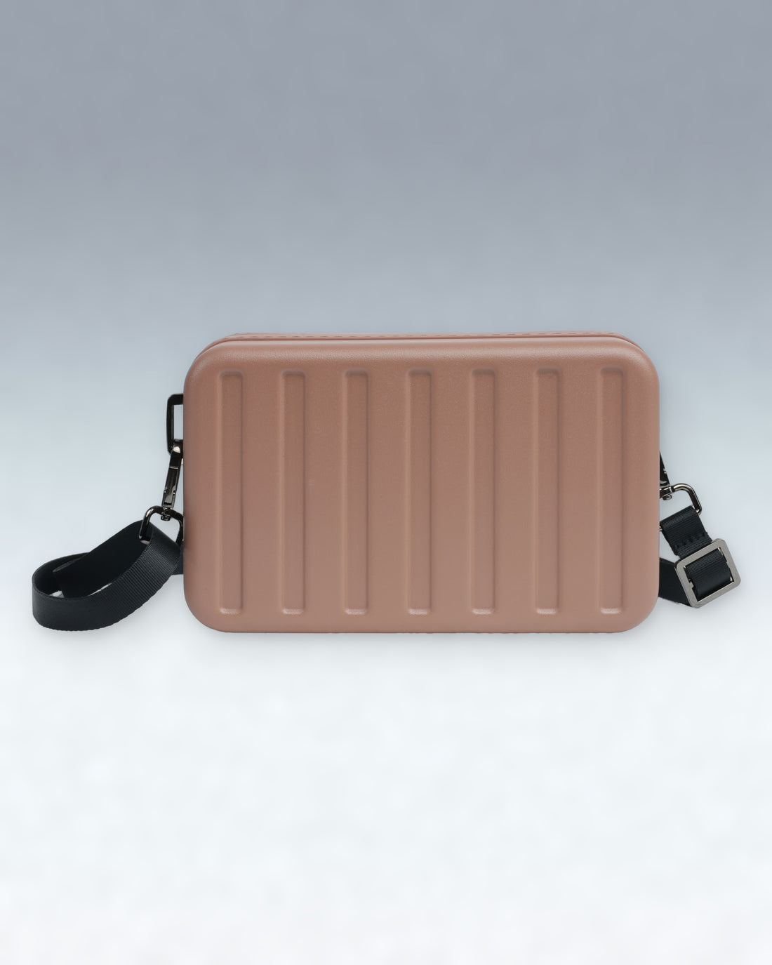 A rectangular Portar Mocha Mousse Brown crossbody bag with vertical ribbed detailing on the front, featuring a black adjustable shoulder strap with silver hardware, set against a clean gray gradient background.