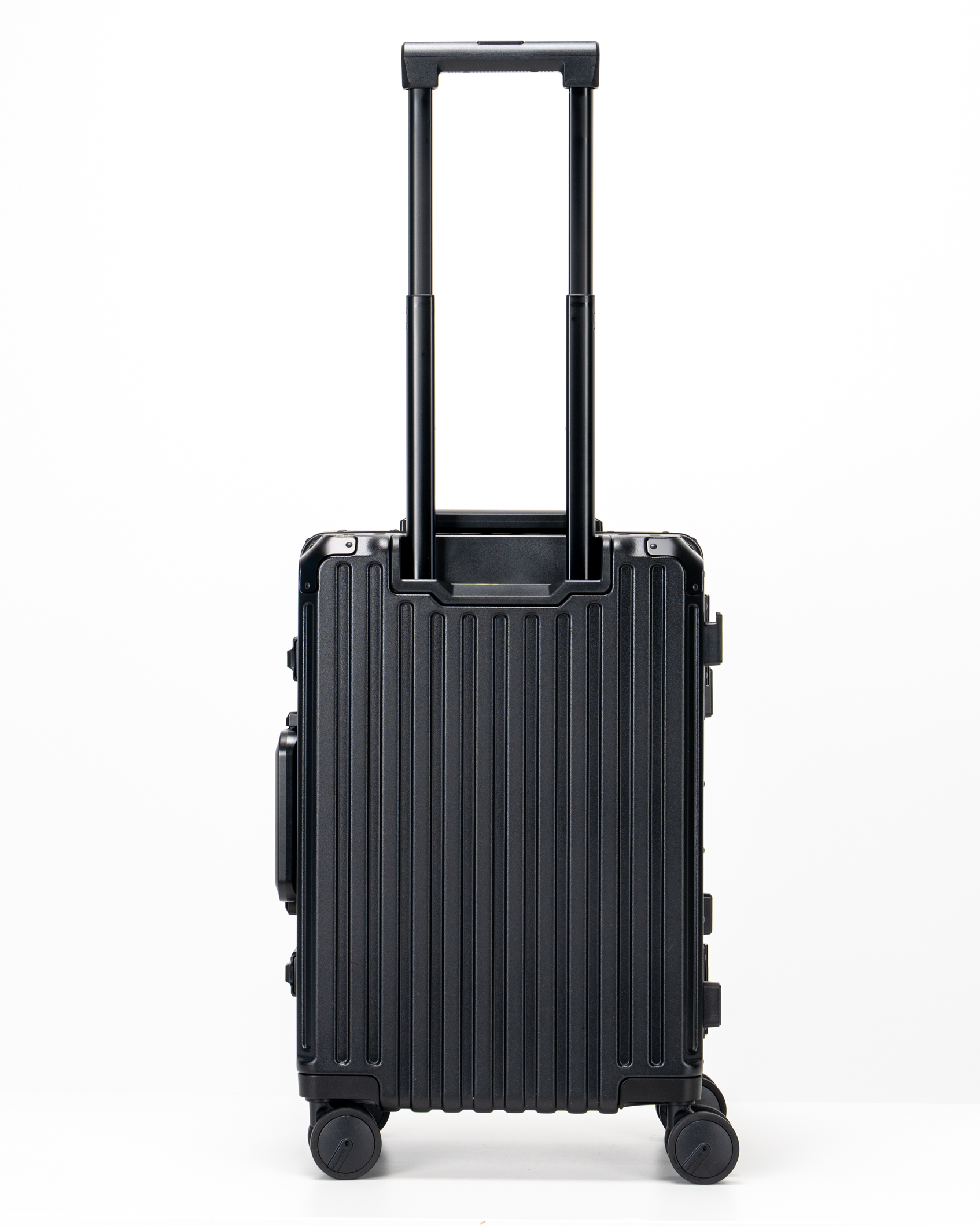 Valence Jet Black Polycarbonate Shell with Aluminum EdgeFrame Carry-On Suitcase Back with Handle View by Portar