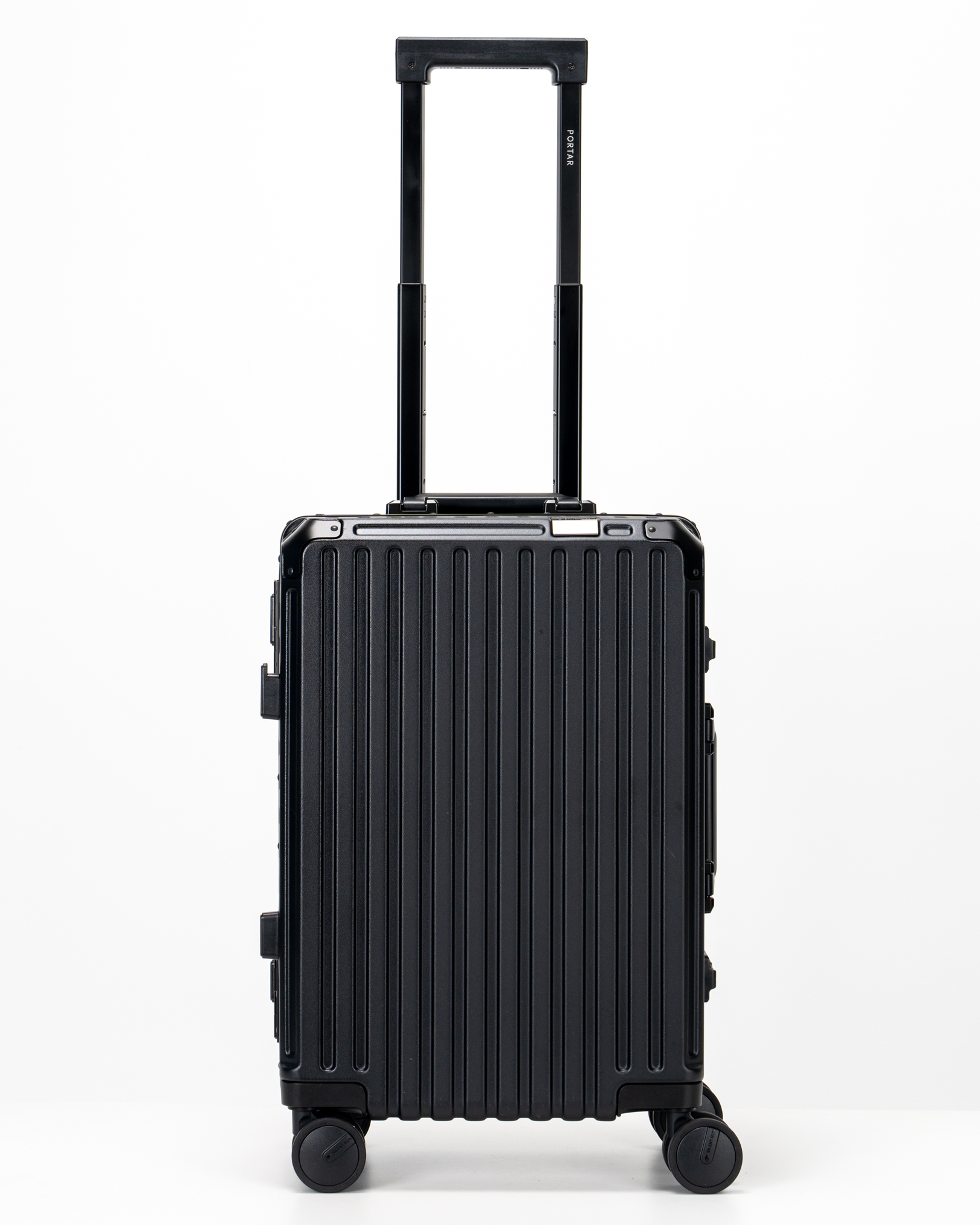 Valence Jet Black Polycarbonate Shell with Aluminum EdgeFrame Carry-On Suitcase Front with Handle View by Portar