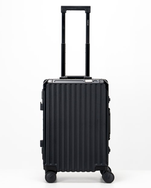 Valence Jet Black Polycarbonate Shell with Aluminum EdgeFrame Carry-On Suitcase Front with Handle View by Portar