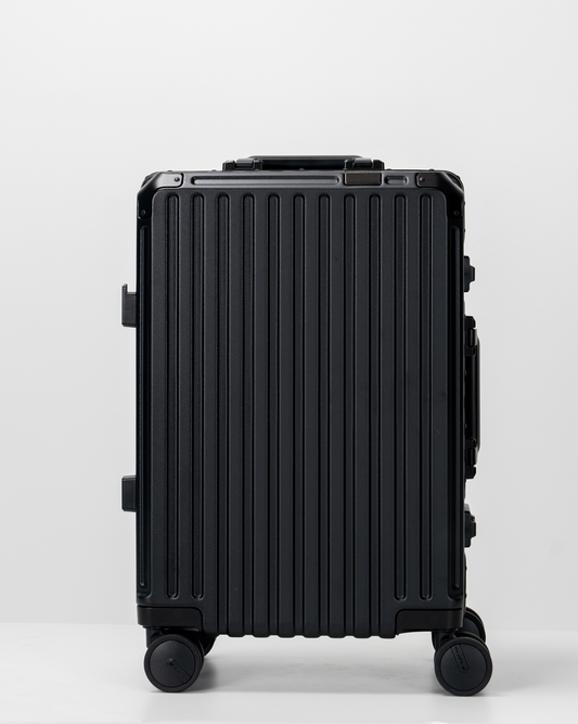 Valence Jet Black Polycarbonate Shell with Aluminum EdgeFrame Carry-On Suitcase Front View by Portar