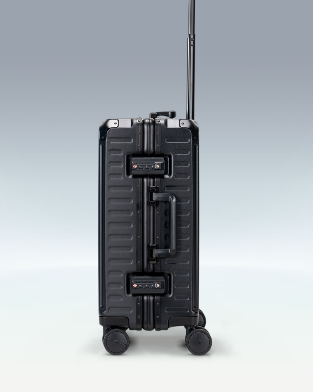 Portar Valence EdgeFrame carry-on luggage in Jet Black, side view showing the two TSA-approved combination locks and the side carry handle
