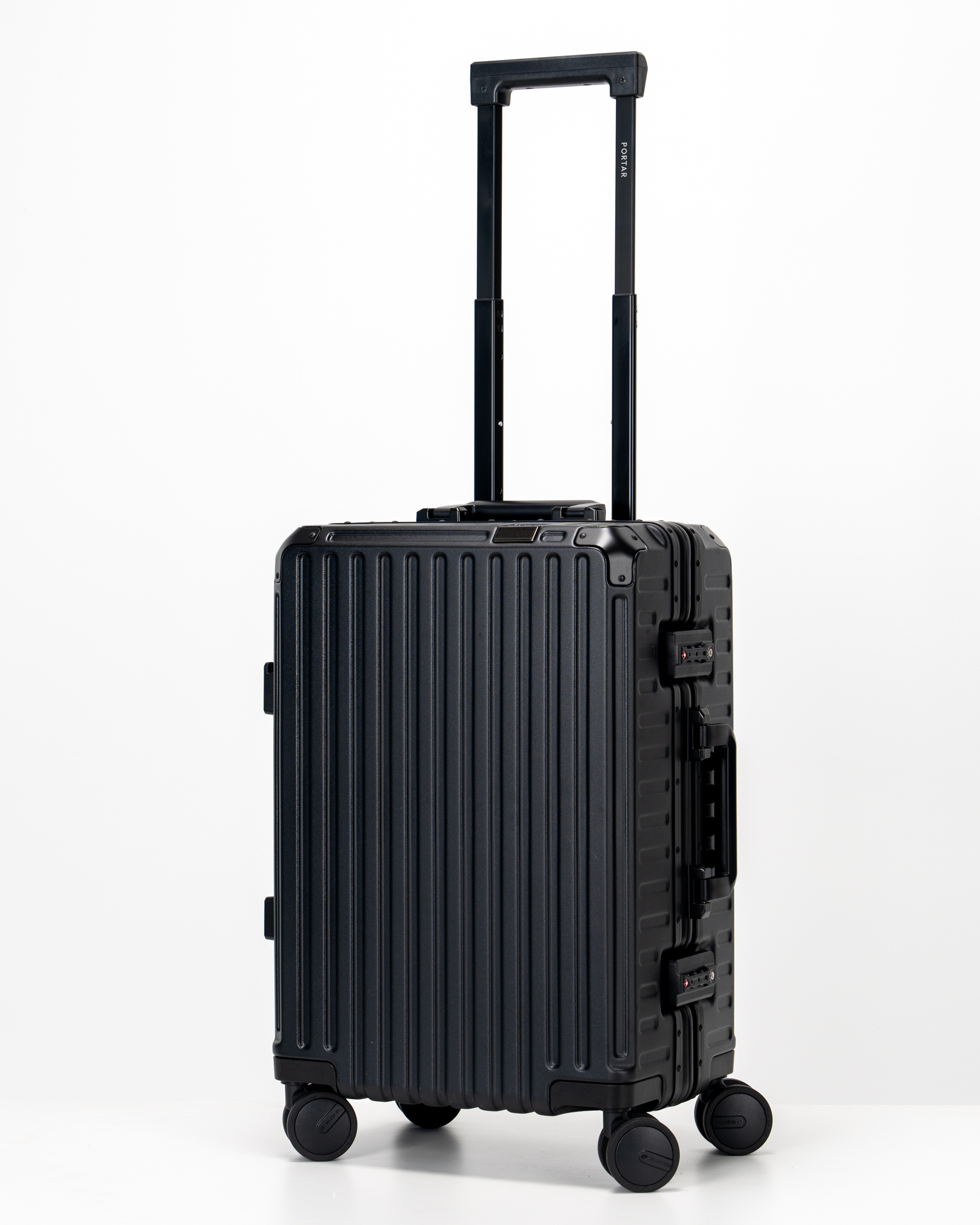 Valence Jet Black Polycarbonate Shell with Aluminum EdgeFrame Carry-On Suitcase Perspective with Handle View by Portar