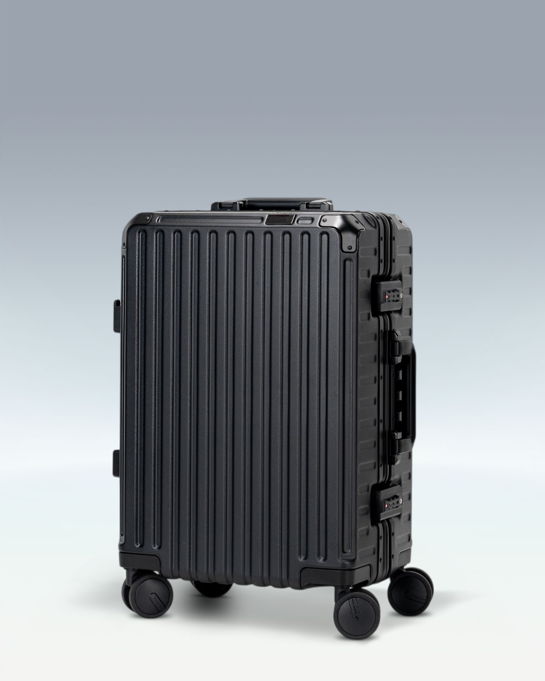 Portar Valence EdgeFrame carry-on luggage in Jet Black, three-quarter front view