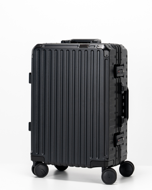 Valence Jet Black Polycarbonate Shell with Aluminum EdgeFrame Carry-On Suitcase Perspective View by Portar
