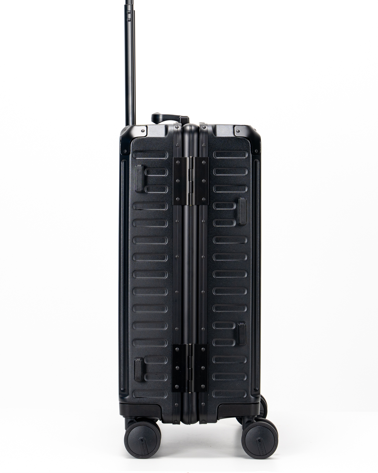 Valence Jet Black Polycarbonate Shell with Aluminum EdgeFrame Carry-On Suitcase Side View by Portar