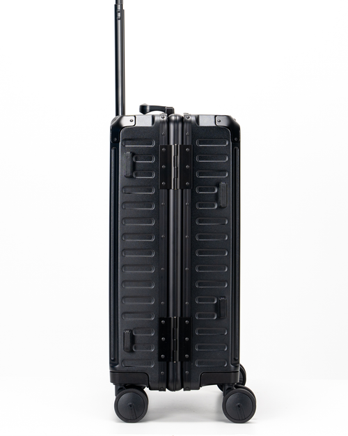 Valence Jet Black Polycarbonate Shell with Aluminum EdgeFrame Carry-On Suitcase Side View by Portar