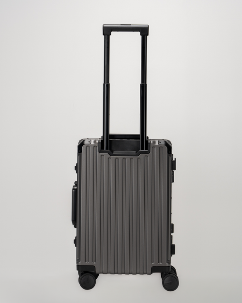 Valence Dark Gull Gray Polycarbonate Shell with Aluminum EdgeFrame Carry-On Suitcase Back with Handle View by Portar