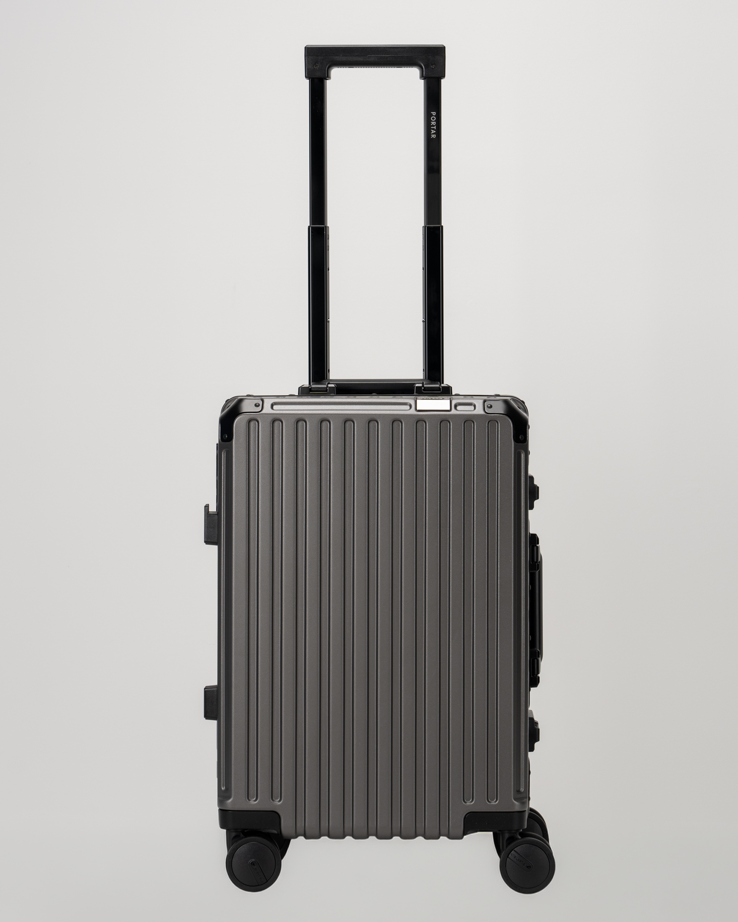 Valence Dark Gull Gray Polycarbonate Shell with Aluminum EdgeFrame Carry-On Suitcase Front with Handle View by Portar