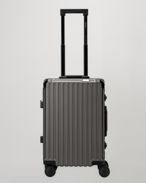 Valence Dark Gull Gray Polycarbonate Shell with Aluminum EdgeFrame Carry-On Suitcase Front with Handle View by Portar