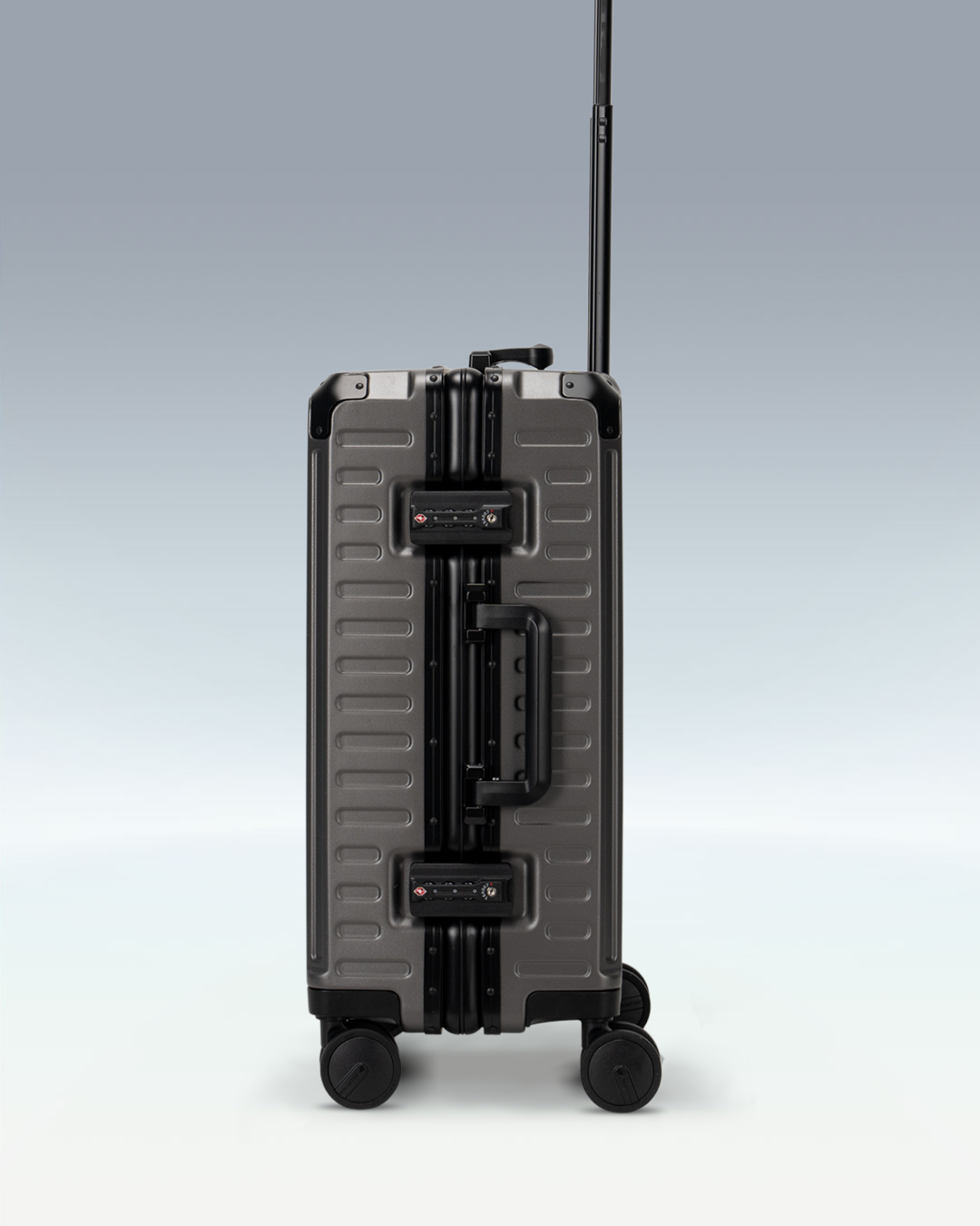 Portar Valence EdgeFrame carry-on luggage in Dark Gull Gray, side view showing the TSA-approved combination locks