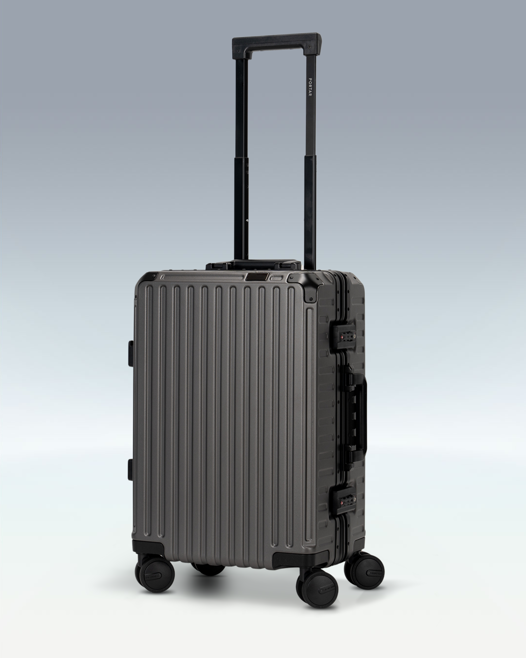 Portar Valence EdgeFrame carry-on luggage in Dark Gull Gray, three-quarter view with the telescoping handle extended