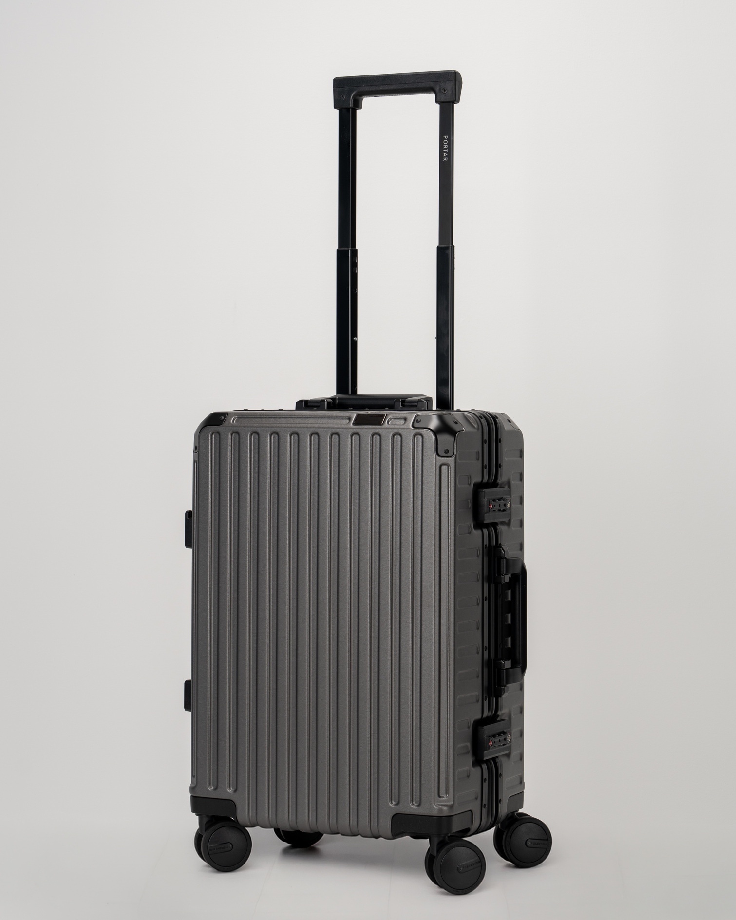 Valence Dark Gull Gray Polycarbonate Shell with Aluminum EdgeFrame Carry-On Suitcase Perspective with Handle View by Portar